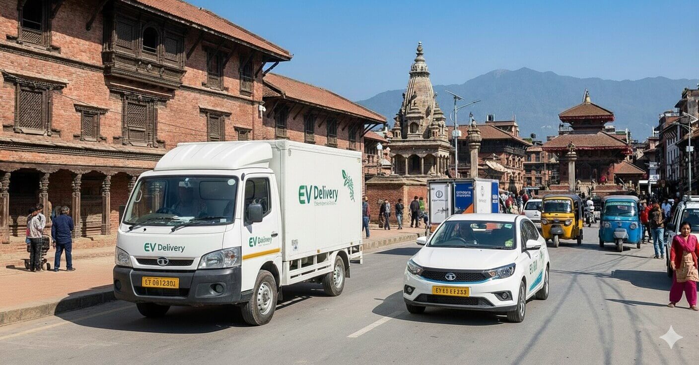 Commercial electric taxi operating in Kathmandu Nepal streets showing BYD EV used for ride-hailing business