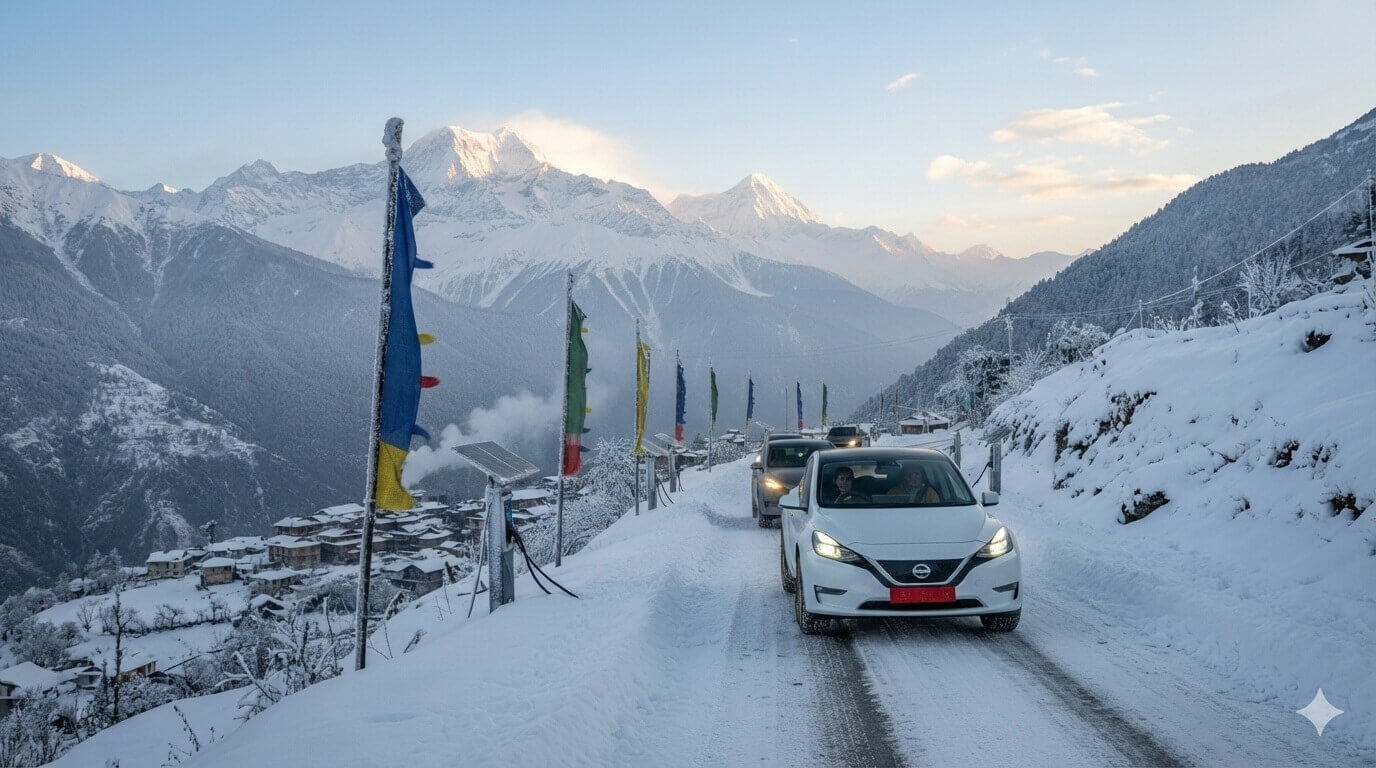 Electric vehicle driving in winter fog in Nepal showing cold weather conditions affecting EV range and battery performance